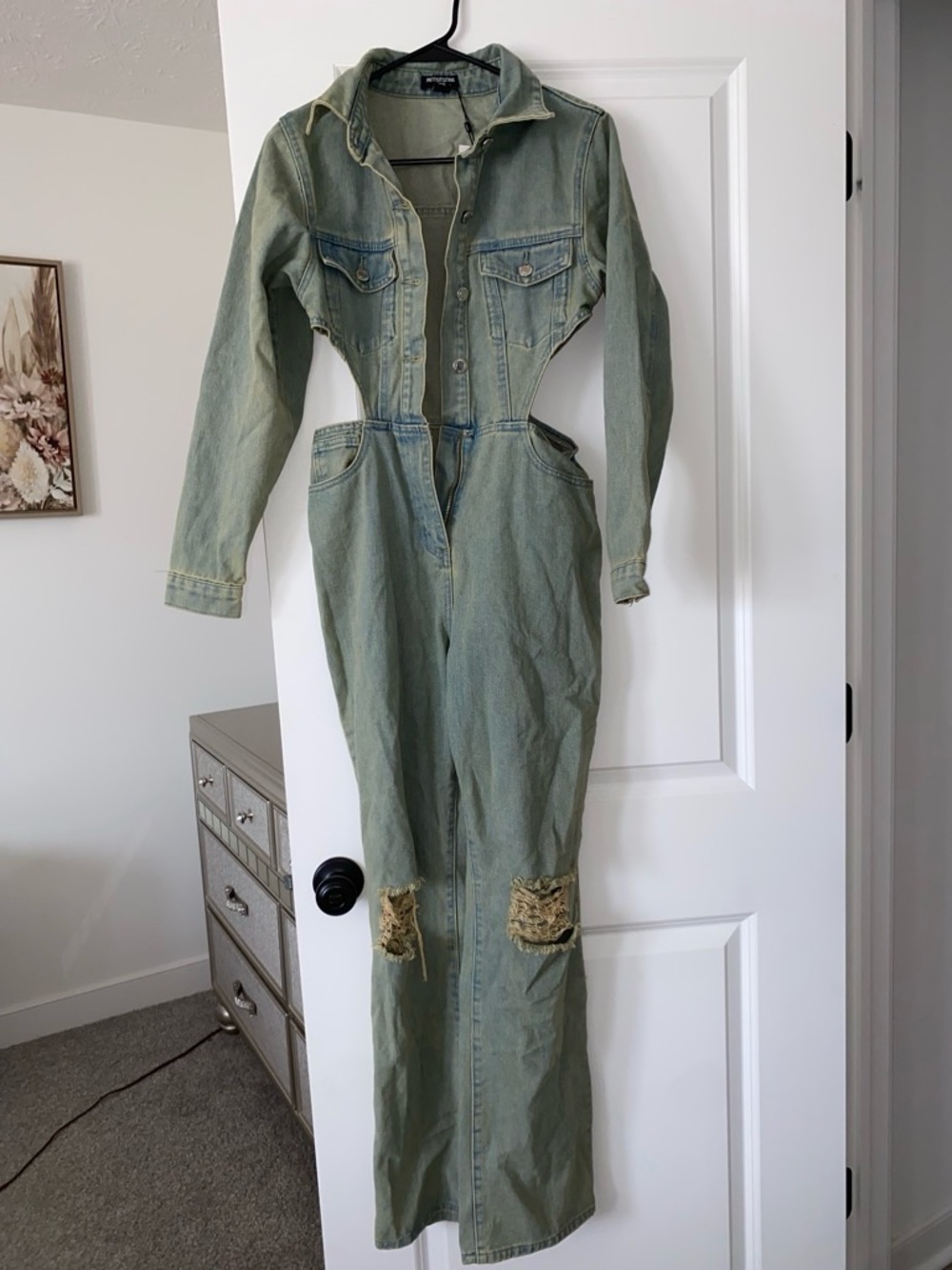 PrettyLittleThing Light Olive Green Washed Denim Jumpsuit